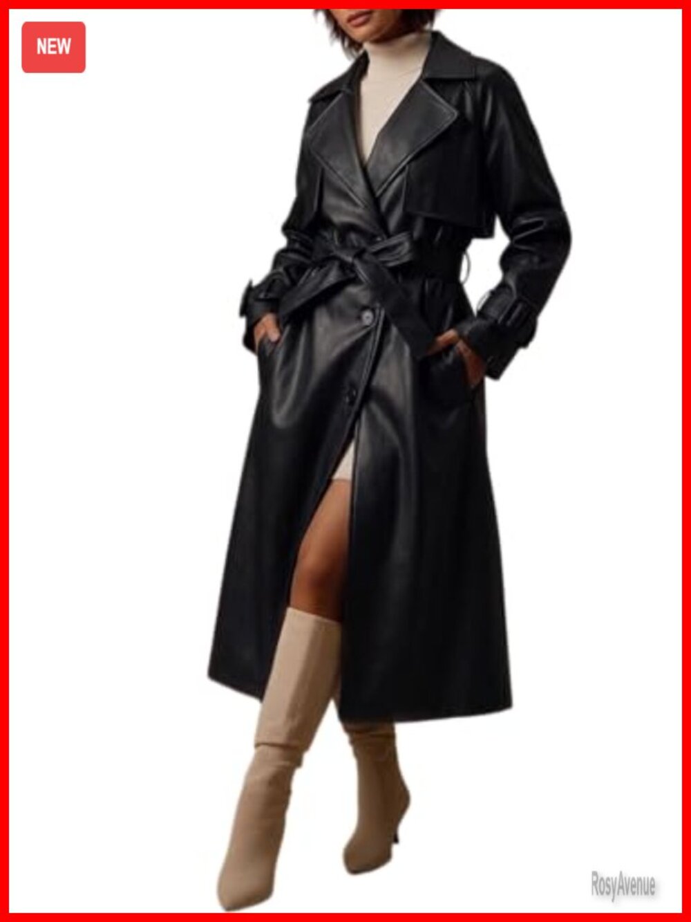 Faux Leather Classic Lapel Belted Loose Trench Coat